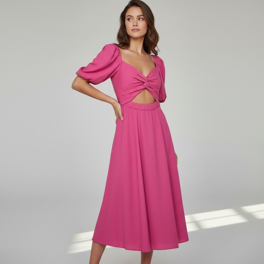 Kate Spade Pink Twist Front Cutout Puff Sleeve Smocked Midi Dress Size 2